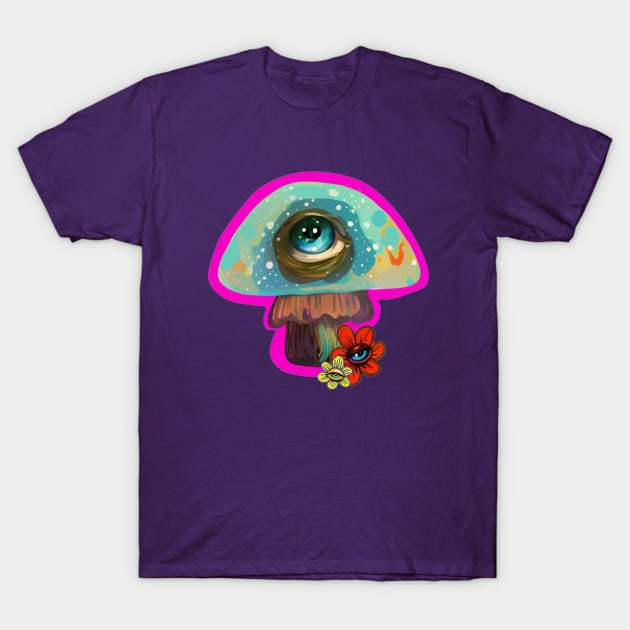 Colorful Pop Surrealism Mushroom with Big Eye Illustration T-Shirt by CatsandBats